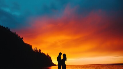 Fototapeta premium Romantic Silhouette of Couple Embracing at Sunset Near Ocean