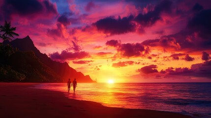 Romantic Sunset Walk on Tropical Beach with Palm Trees and Mountains