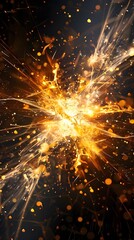 Naklejka premium Background wallpaper Dramatic explosion of golden energy with sparkling particles and radiant light in a cosmic background. Abstract design concept