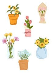 set of flowers in pots and flowers bucket illustration. Flowers illustration in crayon style drawing. Best for element, design, calendar, journal, etc