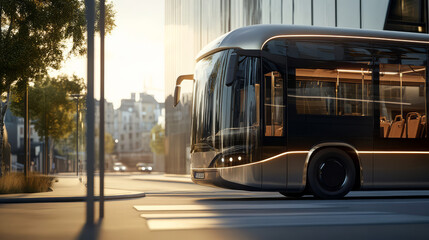 Fototapeta premium modern bus with large windows parked on city street during sunset, showcasing sleek design and urban architecture. scene evokes sense of tranquility and innovation