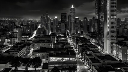 A contemporary black and white photograph capturing an urban cityscape with dramatic lighting and high contrast, emphasizing architectural details,Generative Ai
