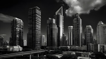 A contemporary black and white photograph capturing an urban cityscape with dramatic lighting and high contrast, emphasizing architectural details,Generative Ai
