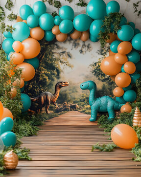 A backdrop composition with turquoise and orange-colored matte balloons arching over a scene, In the background, an adorable, cute dinosaur backdrop wall.