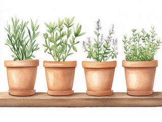 Obraz premium Watercolor painting of terracotta plant pots arranged on a wooden shelf showcasing a collection of lush greenery and blooms in soft earthy color tones The natural rustic composition creates a cozy