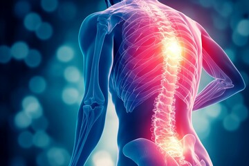 Anatomical illustration; glowing spine; lower back pain.