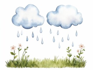 Whimsical watercolor clouds gently raining over a lush vibrant garden scene symbolizing the natural eco friendly process of irrigation  Painted in a soft dreamy color palette