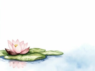 Delicate watercolor painting of a soft blooming lotus flower elegantly floating on the surface of a tranquil serene pond reflected in the still water and painted in soothing ethereal hues