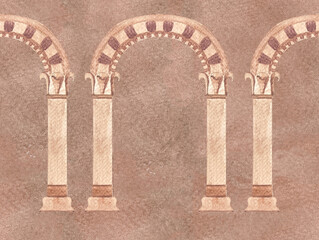 Stone greek ancient classic arch seamless border on mocha background. High quality architecture watercolor illustration for cards, tape, decor and design. Decorative residence image in beige color