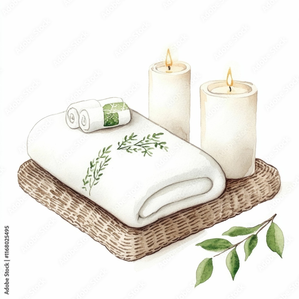 Poster luxurious spa pillow with embroidered patterns placed beside glowing candles creating a serene tranq