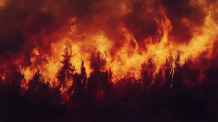Burning forest as a painting, with flames turning into brushstrokes and smoke blending into clouds, fiery strokes and a dreamlike texture, creative conceptual art