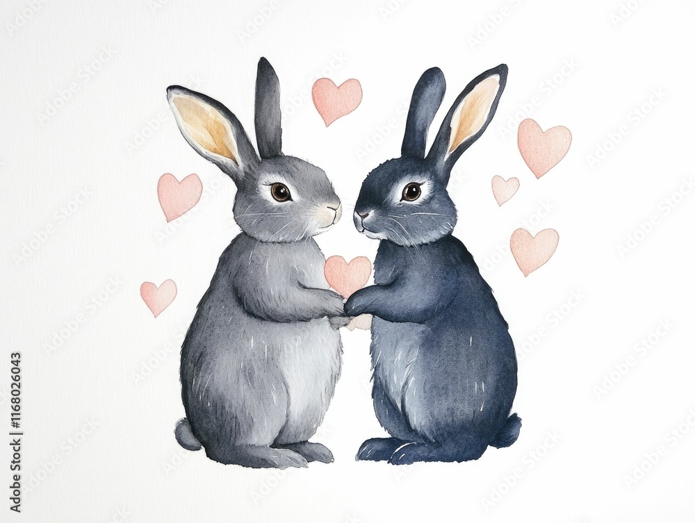 Poster adorable watercolor of a sweet rabbit couple holding paws and embracing lovingly with tiny floating 