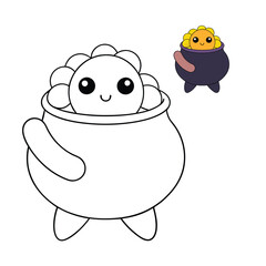 A detailed coloring page featuring a cast iron cauldron brimming with golden coins, surrounded by magical sparkles and a hint of mist, perfect for imaginative coloring fun!