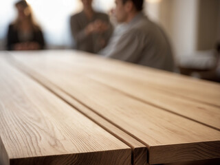 Close-up of a wooden table with visible texture and grain, set in a warm, sunlit environment with blurred silhouettes of people in the background, creating a cozy and inviting atmosphere.
