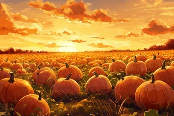 Autumn Sunset Over a Vast Pumpkin Field