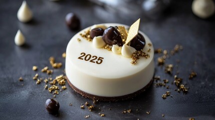 A minimalist mousse cake with "2025" glowing in subtle golden tones