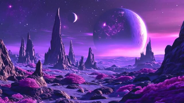 Alien World Landscape: A distant planet with a vibrant purple sky, unusual rock formations, alien flora that glows in the dark, and two suns on the horizon.