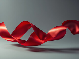a flowing red satin ribbon against a minimalist gray background.