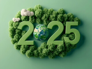 The image features the year "2025" surrounded by greenery and clouds, symbolizing ecological themes and a sustainable future.