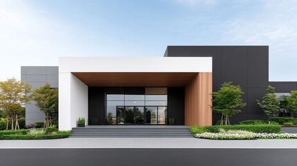 Modern commercial building with a sleek entrance and landscaping.
