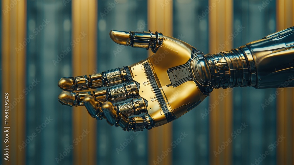 Poster robotic hand interaction demonstration technology lab 3d render futuristic setting close-up view inn