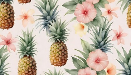 Pineapples and Tropical Flowers Seamless Pattern Design