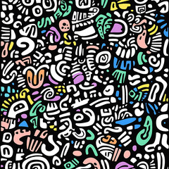 Abstract Colorful Doodle Pattern Design: Vibrant Hand-Drawn Geometric Shapes and Quirky Lines on Black Background