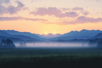 Fototapeta premium Serene Sunrise Over Misty Mountain Range