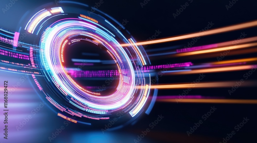 Poster abstract digital design with vibrant circular patterns and light trails.