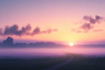 Fototapeta premium Serene Sunrise Over Purple Flower Field Path