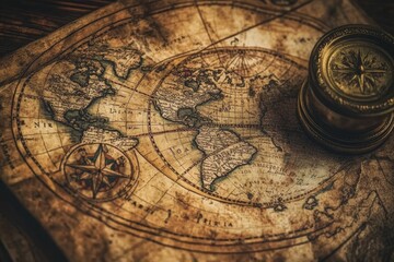 Naklejka premium Aged world map, compass, navigational tools.