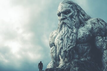 Massive stone giant, small figure observes, cloudy sky.