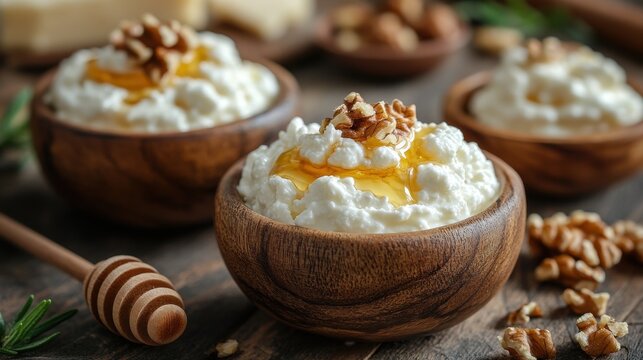 Creamy cottage cheese topped with honey and walnuts in wooden bowls.