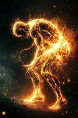 Fiery humanoid figure, bending, dark background.