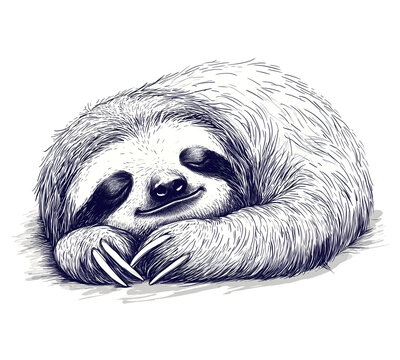 sleeping sloth drawing, black and white clip art preview