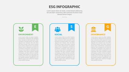 ESG infographic outline style with 3 point template with round container table with bookmark header for slide presentation