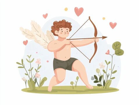 Mythical Cupid archer character shooting heart tipped arrow amidst a blooming springtime scene with lush flowers and foliage  evoking a dreamy  whimsical mood in a flat design style