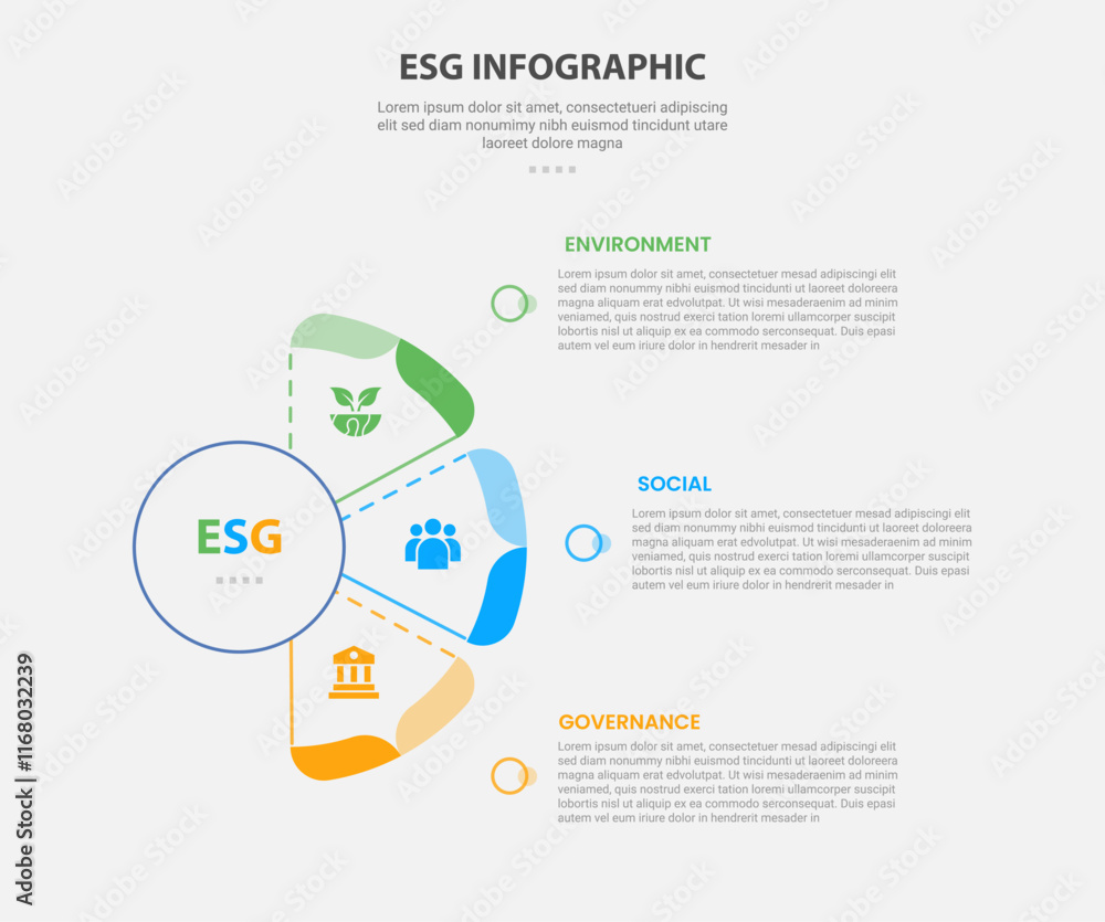 Poster esg infographic outline style with 3 point template with half circle shape like fan shape for slide 