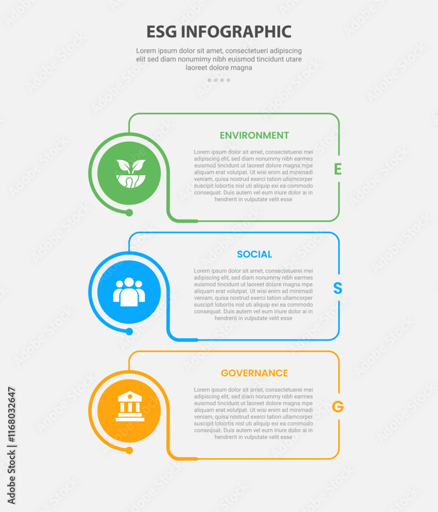 Aufkleber esg infographic outline style with 3 point template with creative box with circle edge on vertical s