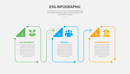 ESG infographic outline style with 3 point template with creative box container with triangle badge and arrow line for slide presentation