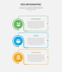ESG infographic outline style with 3 point template with creative box with circle edge on vertical stack layout for slide presentation vector