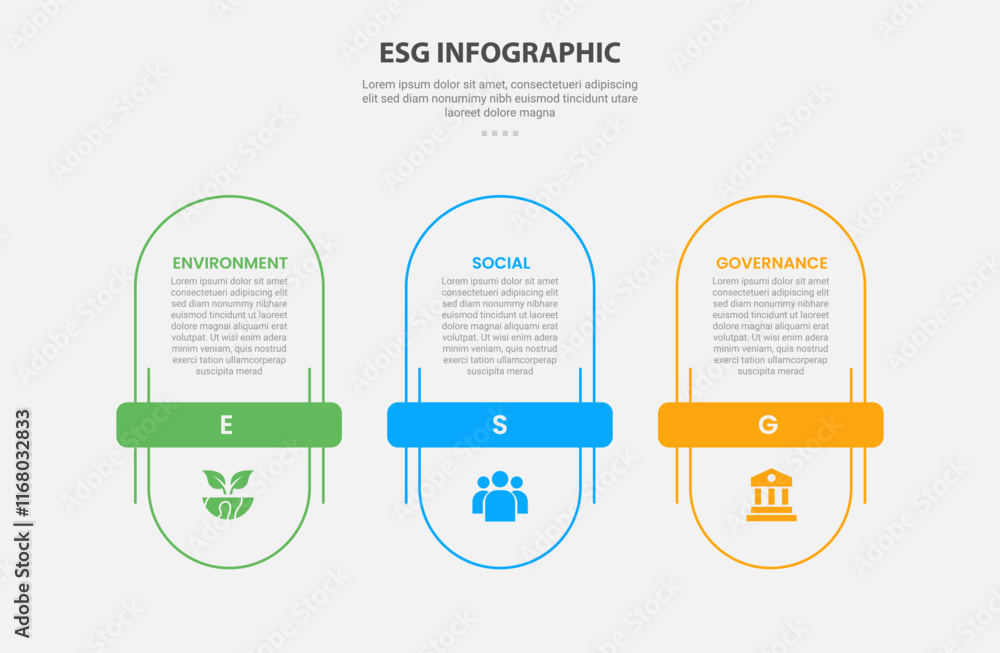Poster esg infographic outline style with 3 point template with vertical round rectangle with horizontal ti