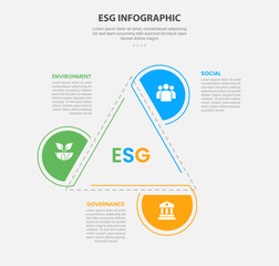 ESG infographic outline style with 3 point template with creative triangle structure with half circle edge for slide presentation