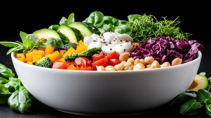 Colorful salad bowl with fresh vegetables and toppings.