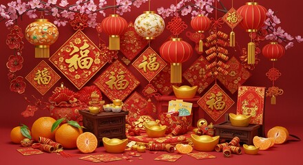 Naklejka premium Festive Chinese New Year Still Life Lanterns Gold Ornaments and Fruits