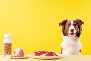 A smiling dog with various healthy food options, including raw meat, grains, and milk, against a yellow background. A vibrant concept for pet nutrition.