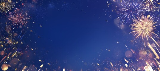 Fototapeta premium Fireworks Display on Dark Blue Background with Central White Space – Celebration Concept Banner