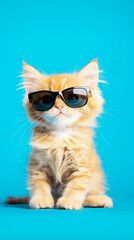 An adorable orange kitten in sunglasses poses against a bright blue background, blending playful humor with striking visual contrast.