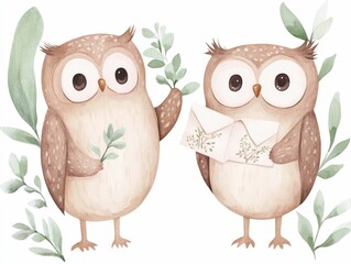 Obraz premium Whimsical Watercolor Painting Depicting a Pair of Owls One Holding a Love Letter with Delicate Floral Designs Set Against a Serene and Soft Background in Muted Tones