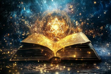 Fototapeta premium Ancient book glows, mystical symbol floats above.